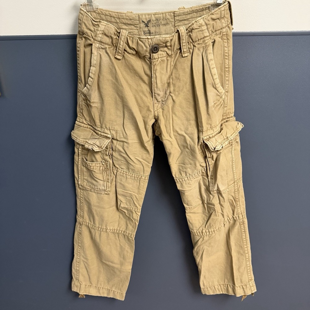 Y2K American Eagle Men's Khaki Cargo Pocket‎ Pants Size 28/30 Grunge Utility